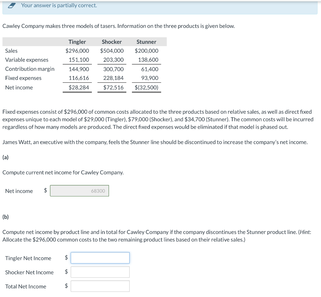  Your answer is partially correct. Cawley Company makes three models of