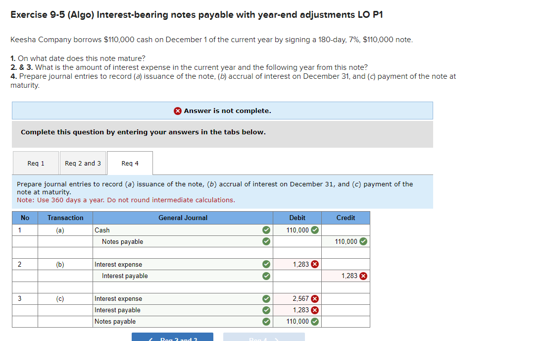  Exercise 9-5(Algo) Interest-bearing notes payable with year-end adjustments LO P1 Keesha