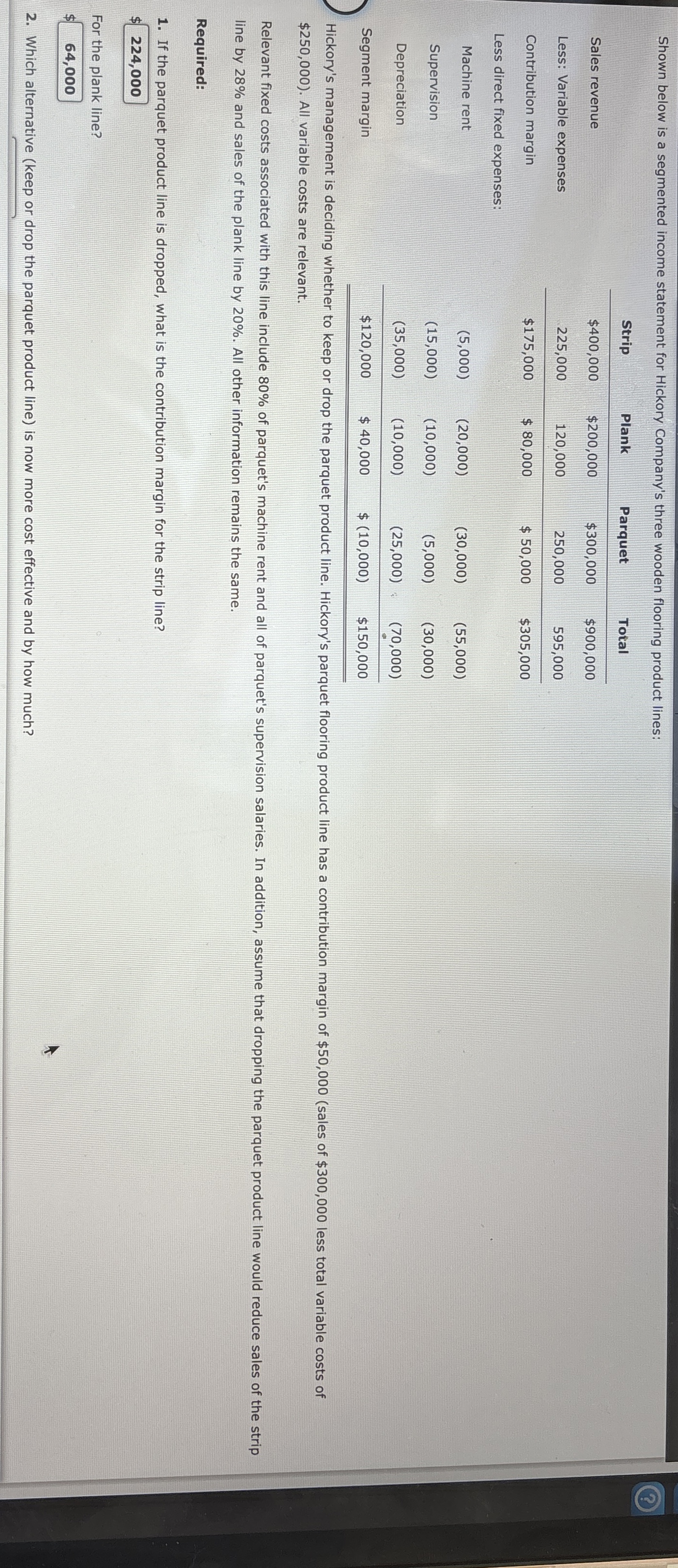  Shown below is a segmented income statement for Hickory Company's three