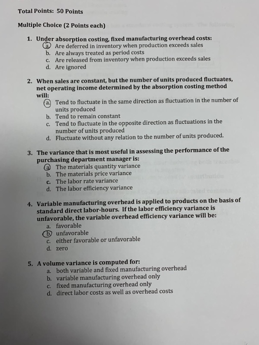  Total Points: 50 Points Multiple Choice (2 Points each) 1. Under