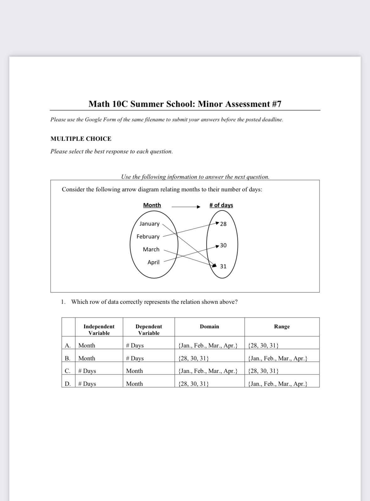  Math 10C Summer School: Minor Assessment #7 Please use the Google