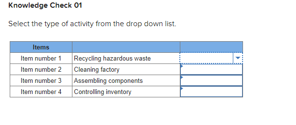  Knowledge Check 01 Select the type of activity from the drop