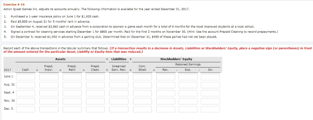  Exercise 4-16 Action Quest Games Inc. adjusts its accounts annually. The