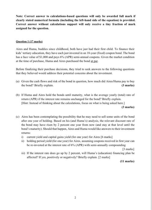  Note: Correct answer to calculations-based questions will only be awarded full