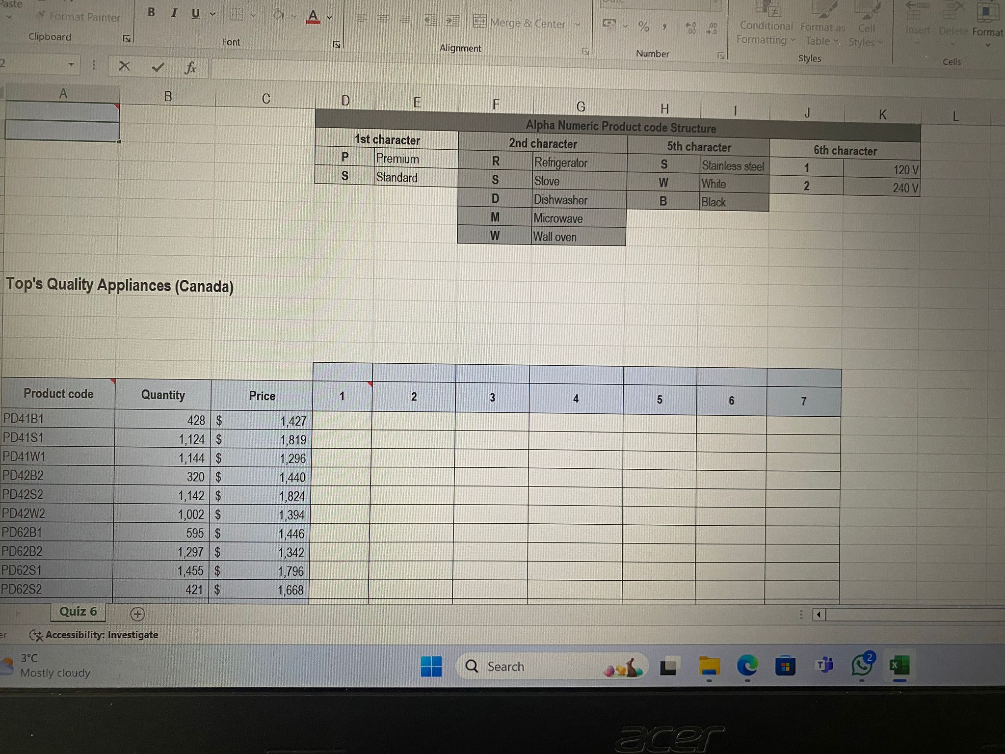  In D16: use the product code breakdown provided at the top