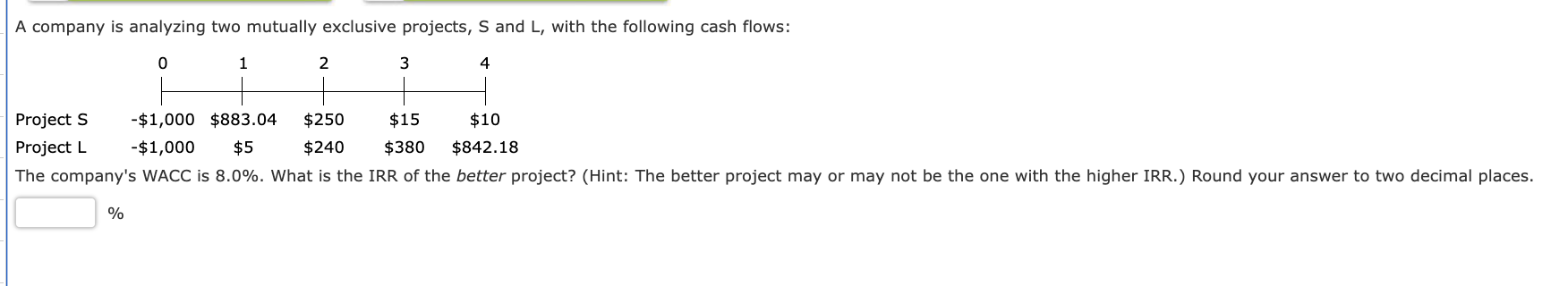  A company is analyzing two mutually exclusive projects, S and L,