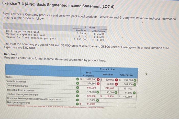 please solve Exercise 7-4 (Algo) Basic Segmented Income Statement [LO7-4] Royal Lawncare