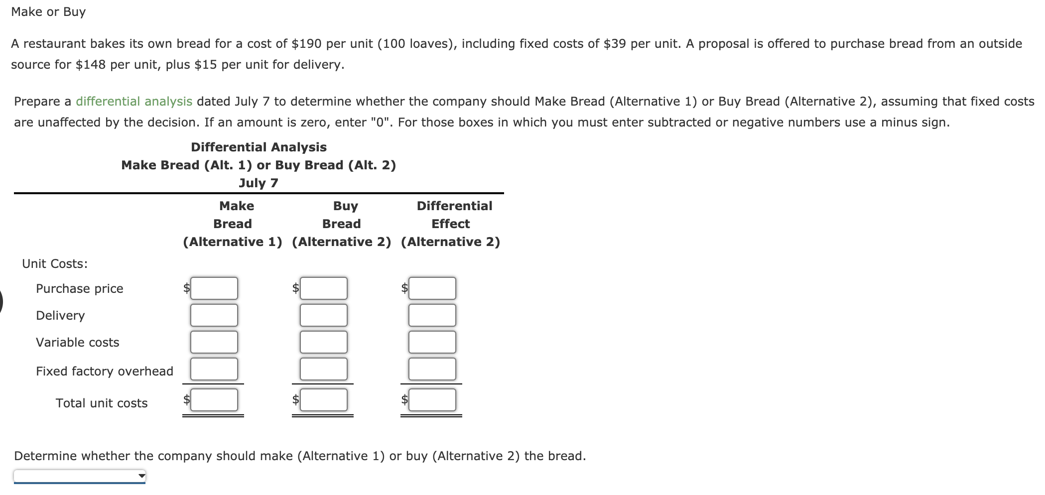 Make or Buy A restaurant bakes its own bread for a