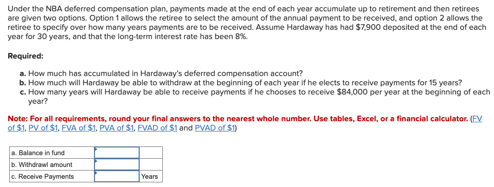  Under the NBA deferred compensation plan, payments made at the end
