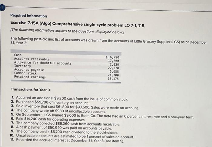  Required information Exercise 7-15A (Algo) Comprehensive single-cycle problem LO 7-1,7-5, (The