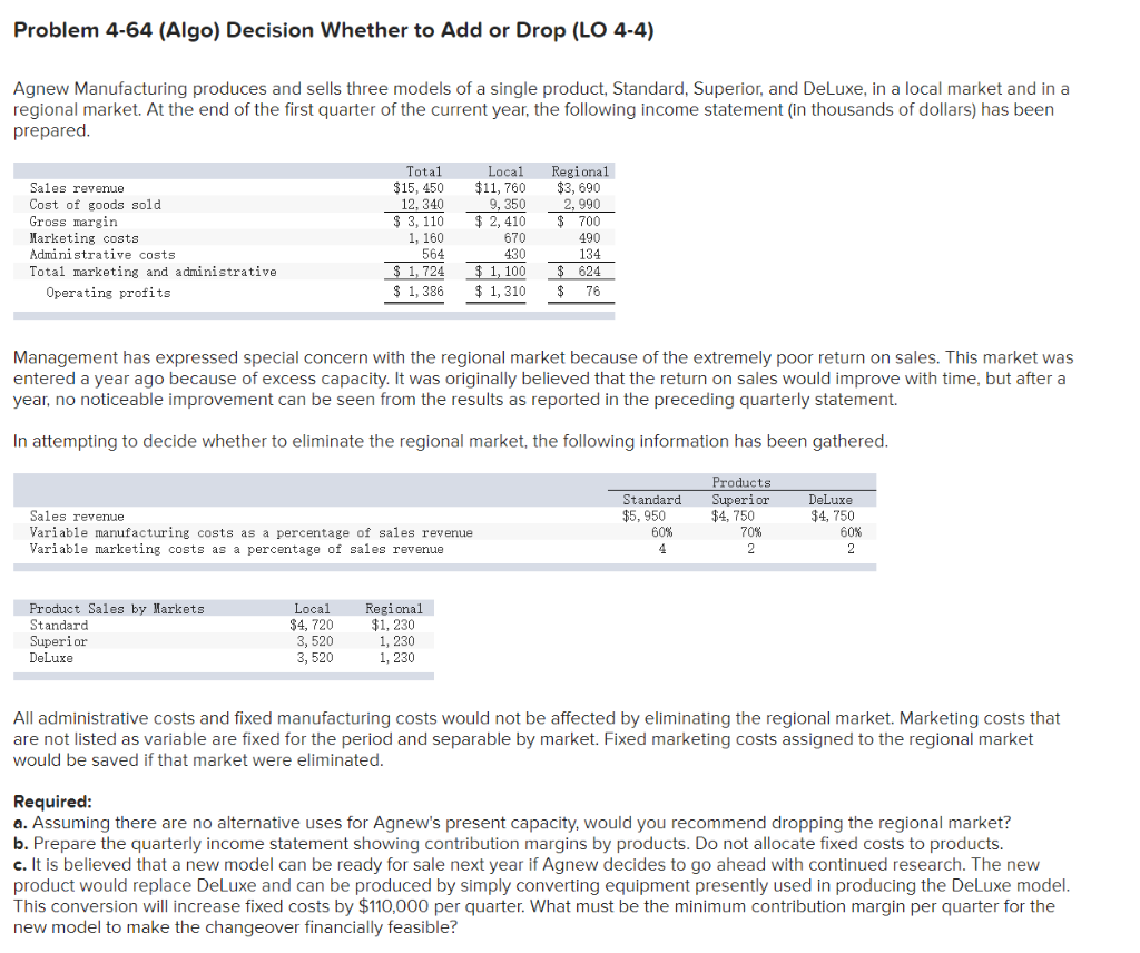 Problem 4-64 (Algo) Decision Whether to Add or Drop (LO 4-4)