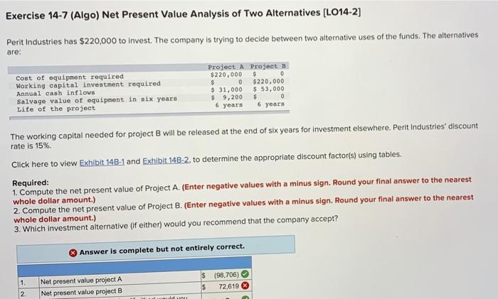  help me fix it, thanks Exercise 14-7 (Algo) Net Present Value