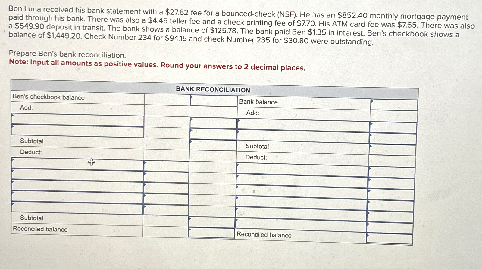  Ben Luna received his bank statement with a $27.62 fee for