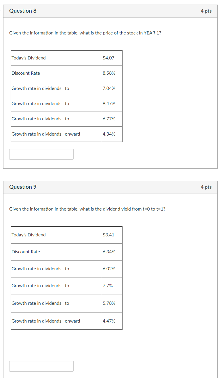  Question 8 4 pts Given the information in the table, what