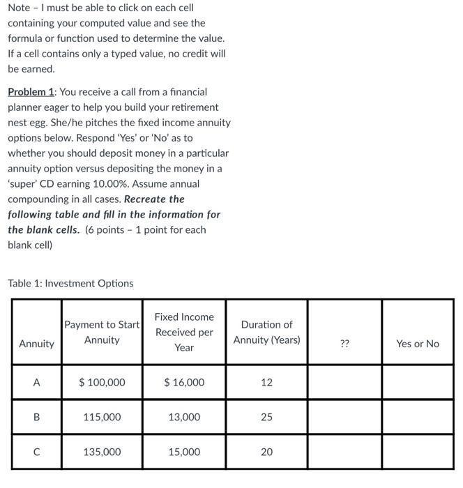  Note - I must be able to click on each cell