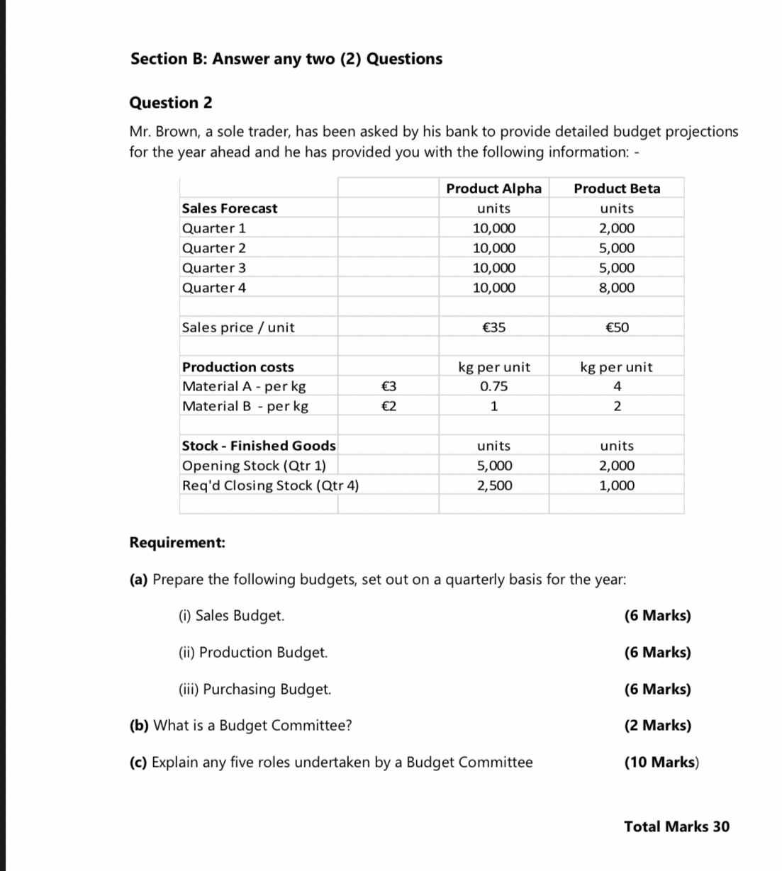  Section B: Answer any two (2) Questions Question 2 Mr. Brown,