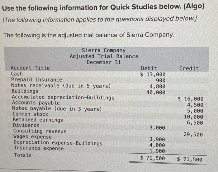  Use the following information for Quick Studies below. (Algo) [The following