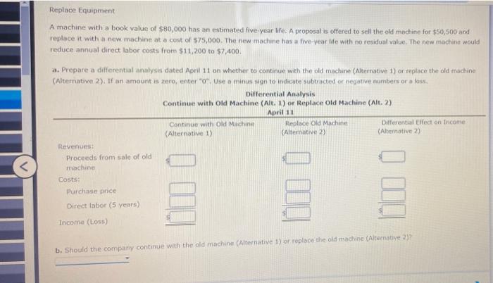  Replace Equipment A machine with a book value of $80,000 has