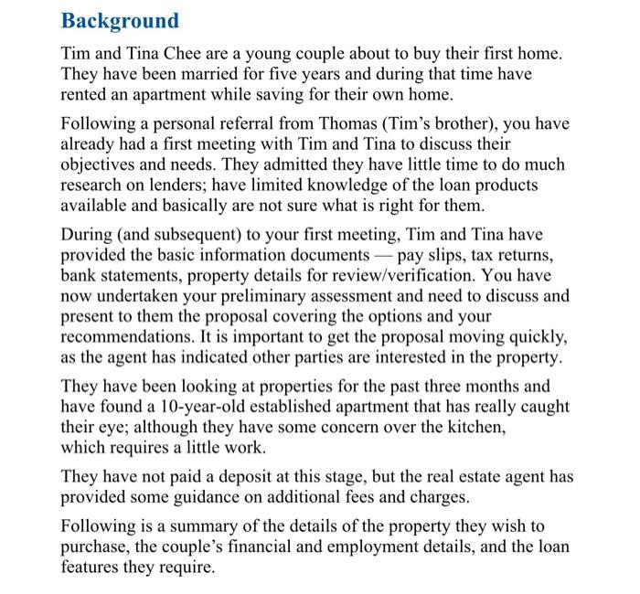  Background Tim and Tina Chee are a young couple about to