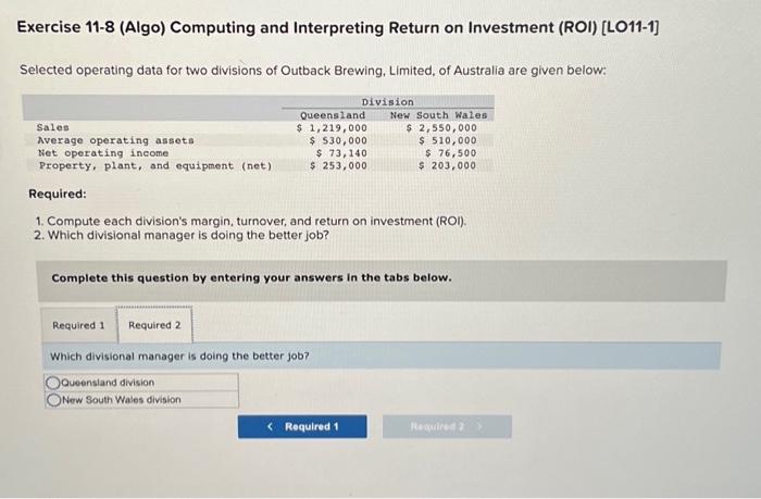Selected operating data for two divisions of Outback Brewing, Limited, of Australia