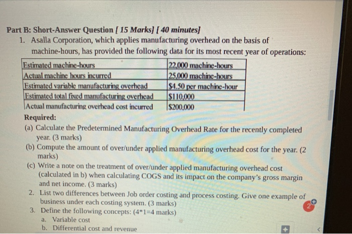 urgent Part B: Short-Answer Question ( 15 Marks] [ 40 minutes) 1.