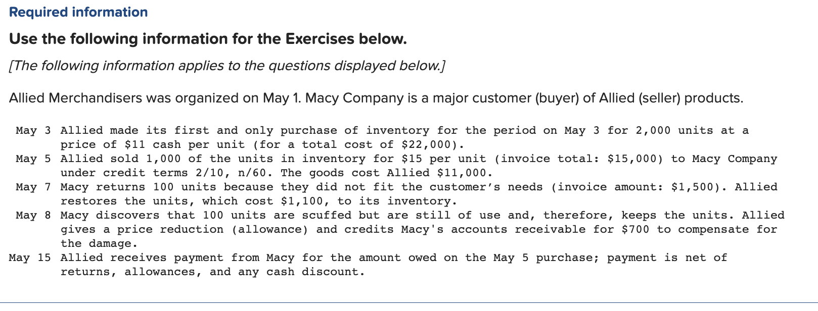  Required information Use the following information for the Exercises below. [The