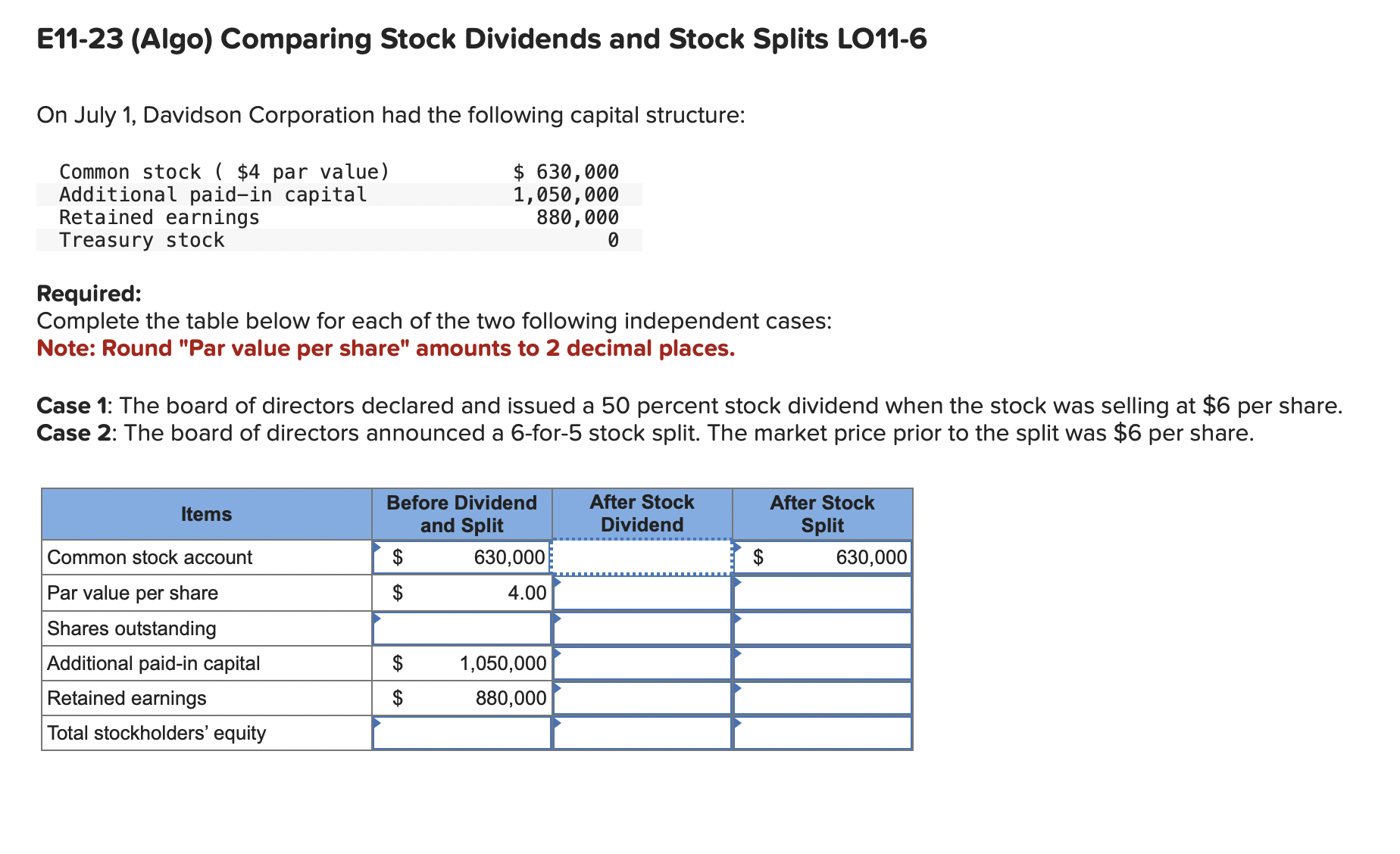  E11-23(Algo) Comparing Stock Dividends and Stock Splits L011-6 On July 1,