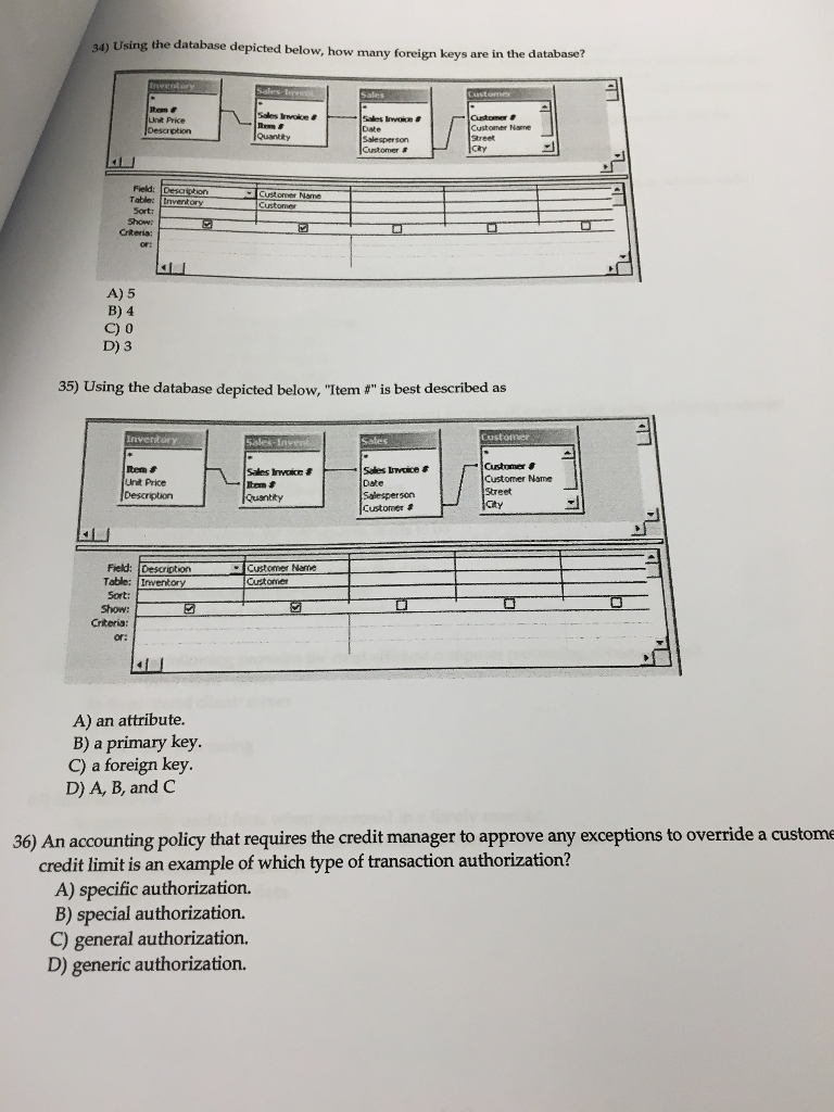  34) Using the database depicted below, how many foreign key s