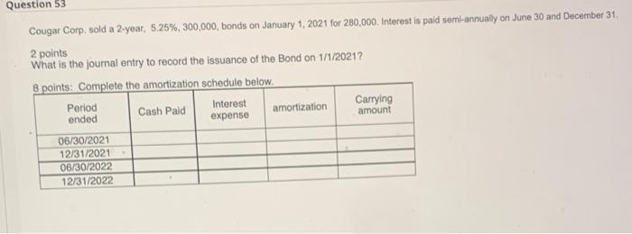 please check my work Question 53 Cougar Corp. sold a 2-year, 5.25%,