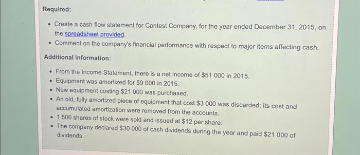  Required: - Create a cash flow statement for Contest Company, for