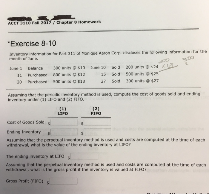  ACCT 3110 Fall 2017/ Chapter 8 Homework *Exercise 8-10 Inventory information