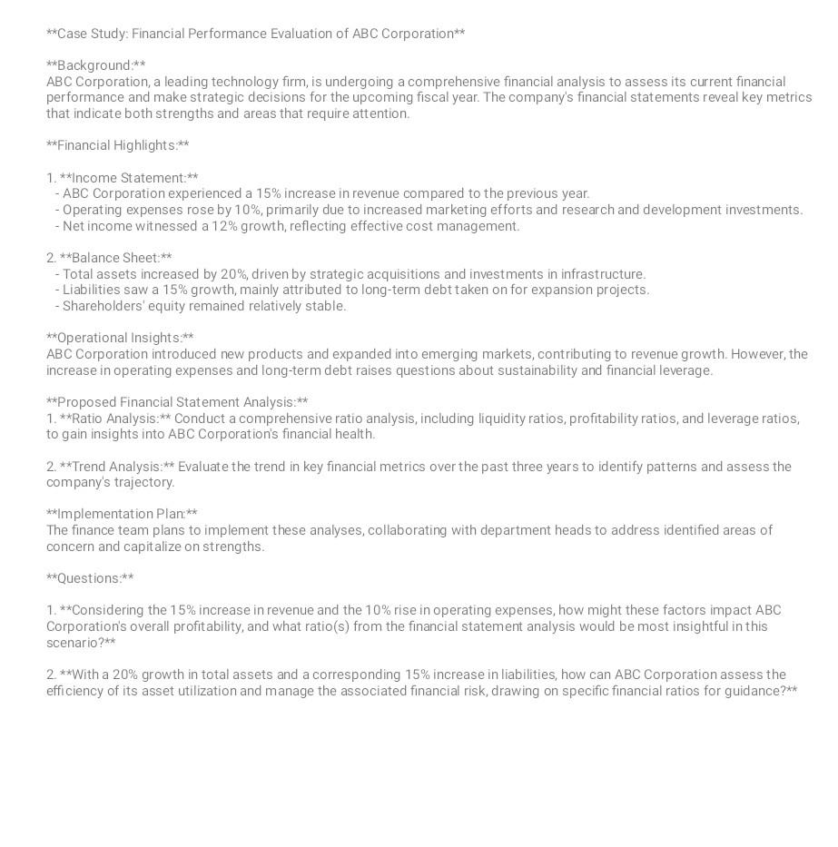 **Case Study: Financial Performance Evaluation of ABC Corporation **Background:** ABC Corporation,
