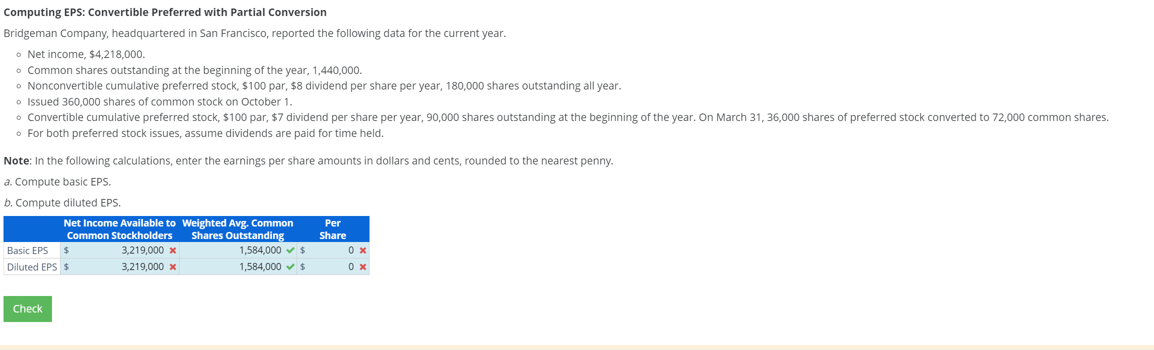  Computing EPS: Convertible Preferred with Partial Conversion Bridgeman Company, headquartered in