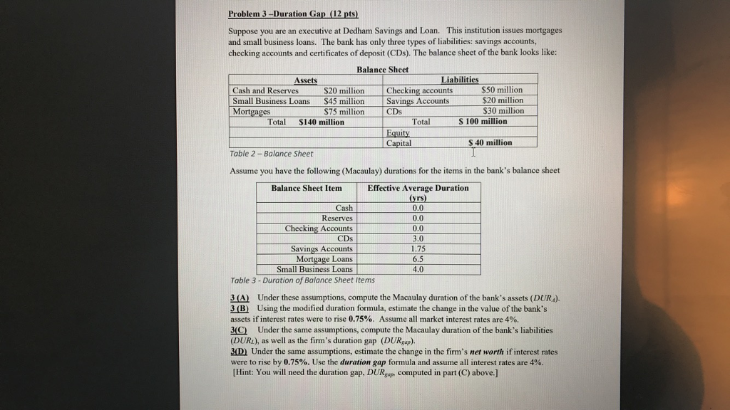 Problem 3-Duration Gap (12 pts) Suppose you are an executive at