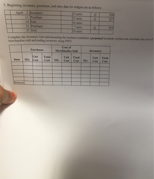  5. Beginning inventory, purchases, and sales data for widgets are as