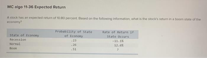  MC algo 11-36 Expected Return A stock has an expected return