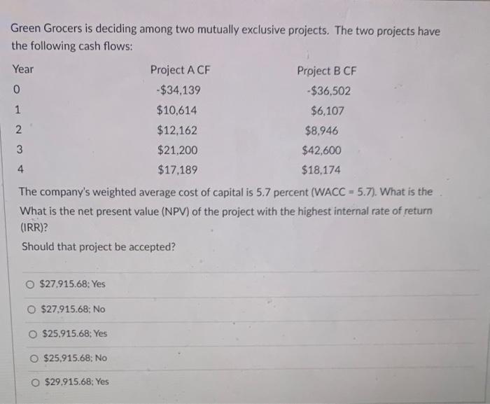  Green Grocers is deciding among two mutually exclusive projects. The two