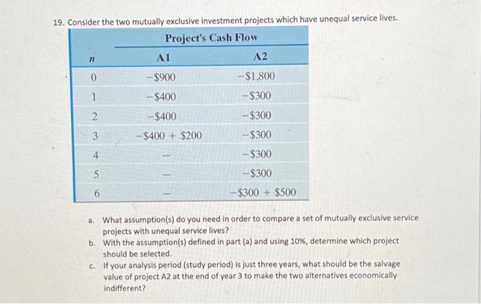  19. Consider the two mutually exclusive investment projects which have unequal
