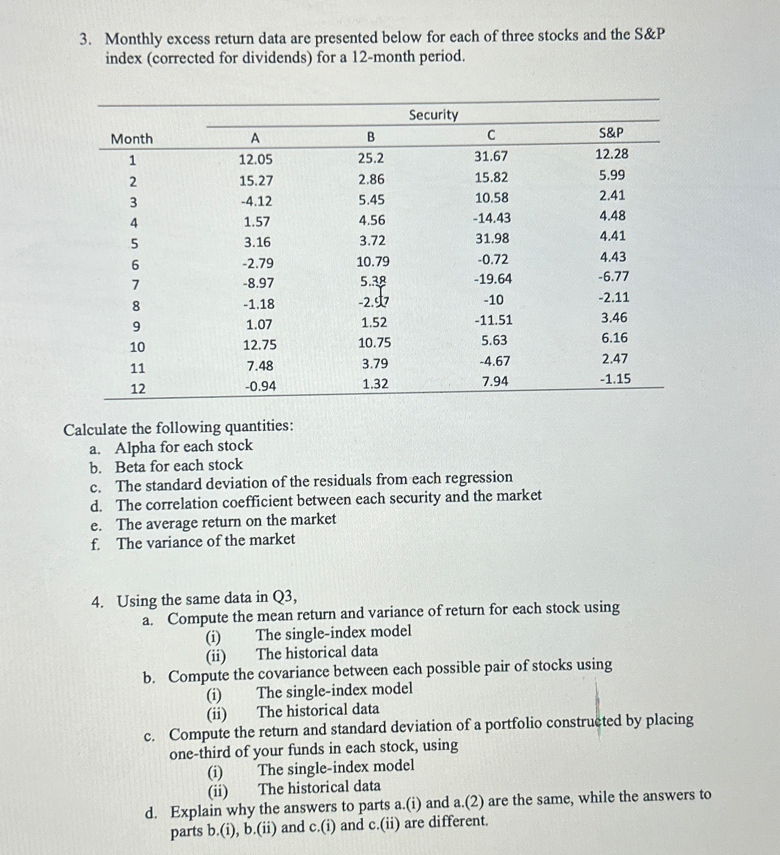  Monthly excess return data are presented below for each of three
