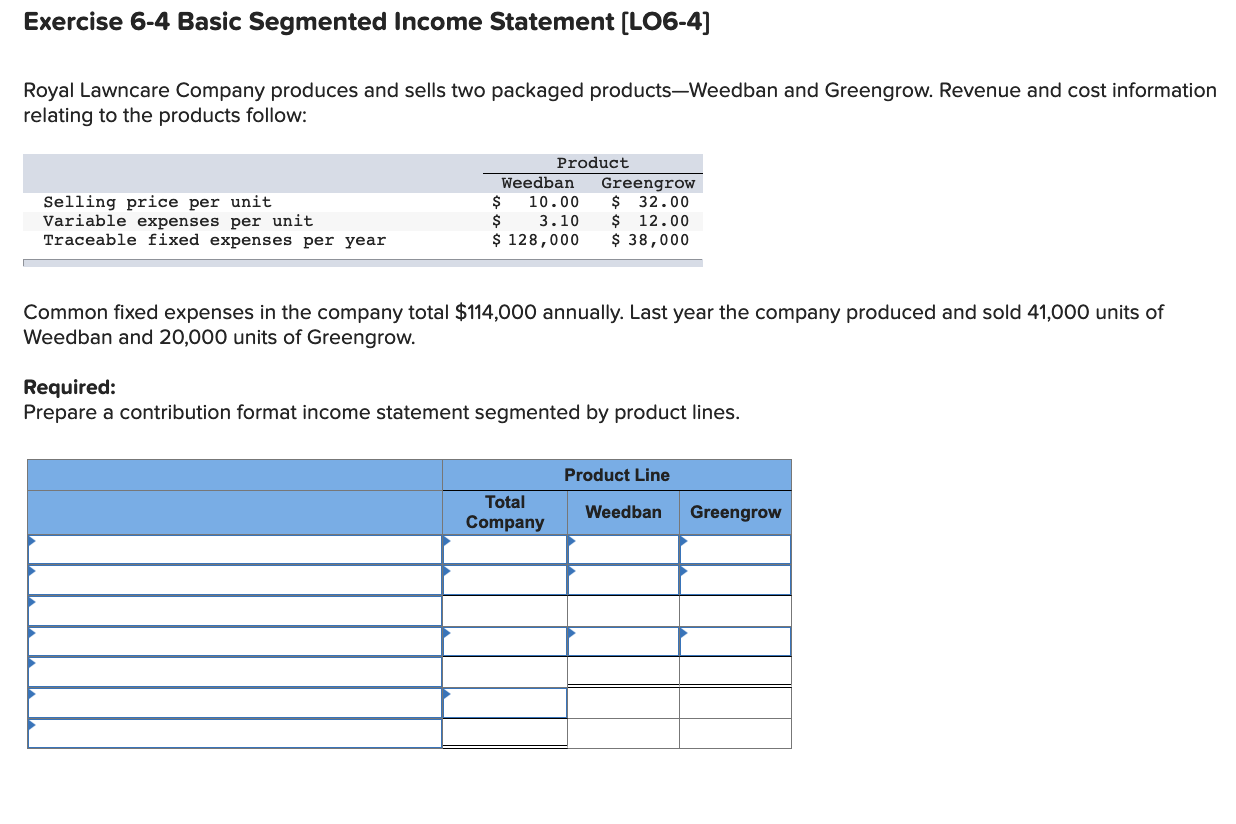  Exercise 6-4 Basic Segmented Income Statement (LO6-4] Royal Lawncare Company produces