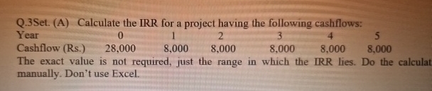 Q.3Set. (A) Calculate the IRR for a project having the following