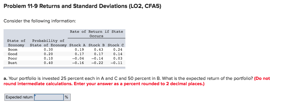 Problem 11-9 Returns and Standard Deviations (LO2, CFA5) Consider the following