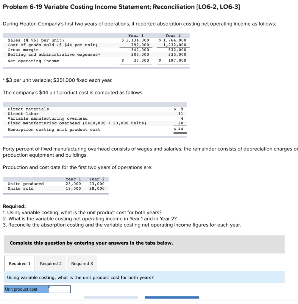 Problem 6-19 Variable Costing Income Statement; Reconciliation (LO6-2, LO6-3) During Heaton