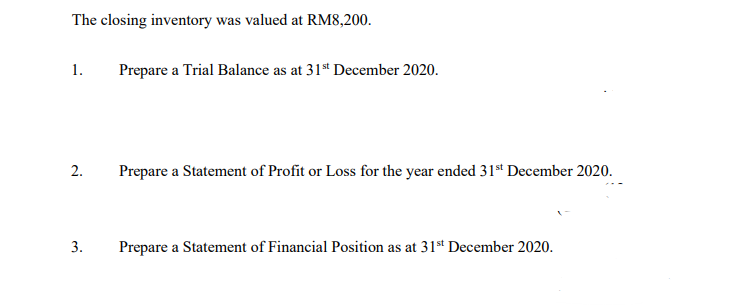  The closing inventory was valued at RM8,200. 1. Prepare a Trial