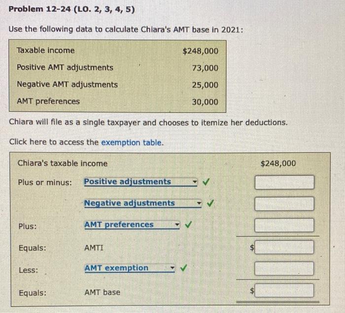 tax accounting Problem 12-24 (LO. 2, 3, 4, 5) Use the following