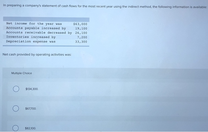  Net cash provided by operating activities was Multiple Choice $134,300. $67700.