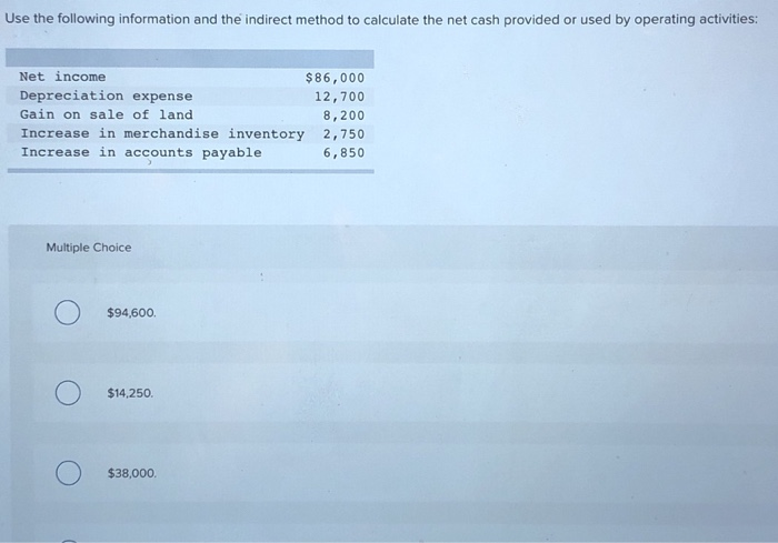 increased $4,800. Calculate the net cash provided or used by operating activities.