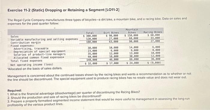  Exercise 11-2 (Static) Dropping or Retaining a Segment [LO11-2] The Regal