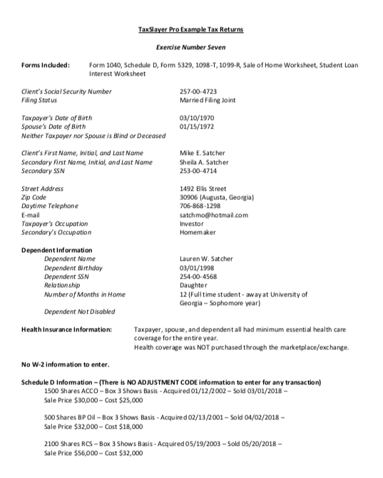 Tax Slayer Pro Example Tax Returns Exercise Number Seven Forms Included: