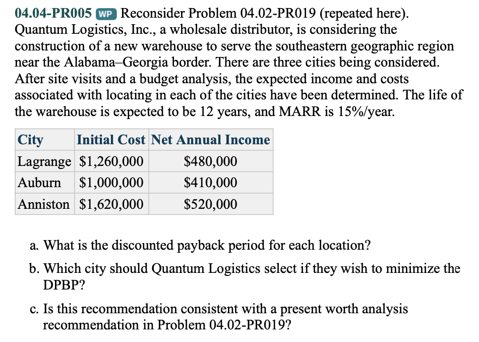  04.04-PR005 WP Reconsider Problem 04.02-PR019 (repeated here). Quantum Logistics, Inc., a